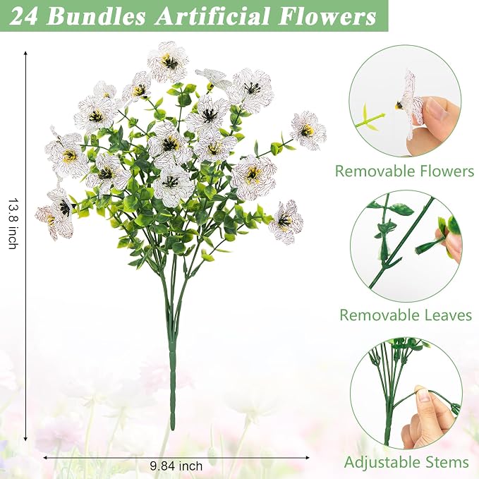 Bassion Artificial Flowers for Outdoors, 24 Bundles UV Resistant Fake Flowers - Image 3