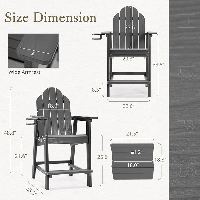 LUE BONA Tall Adirondack Chair Set of 2, All Weather HDPS Bar Height Adirondack - Image 2