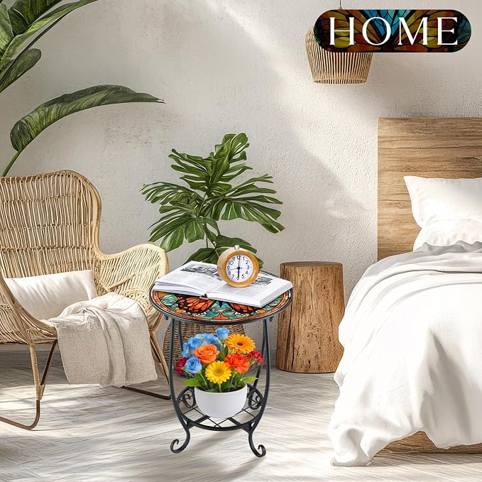 Outdoor Side Table Round Small Mosaic Patio Accent Indoor End Plant Coffee Tea - Image 7