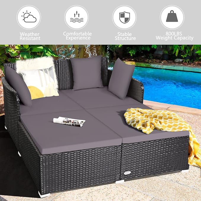 Outdoor Rattan Daybed, Patio Loveseat Sofa Set w/Comfortable Cushions, Extra - Image 3