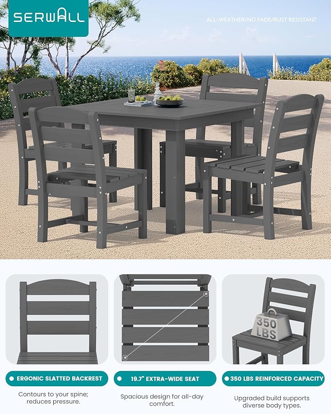 SERWALL Outdoor Dining Set for 4, HDPE Square Table and Chairs Set All Weather - Image 3