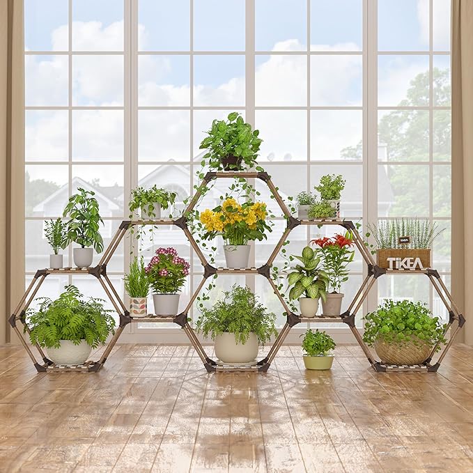 Tikea - Hexagonal Plant Stand Indoor Outdoor Large 11 Tiered Wooden Plant Shelf by Tikea