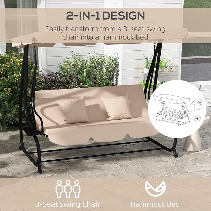Outsunny 3-Seat Outdoor Patio Swing Chair, Converting Flatbed, Outdoor Swing - Image 3