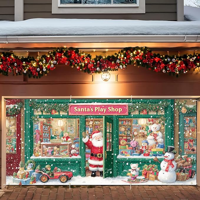 Santa’s Play Shop Garage Door Decorations 6x13FT, Christmas Store Banner by ANNAQUEEN
