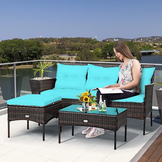 Tangkula 3 Pieces Patio Conversation Set, Outdoor PE Rattan Wicker Furniture - Image 2
