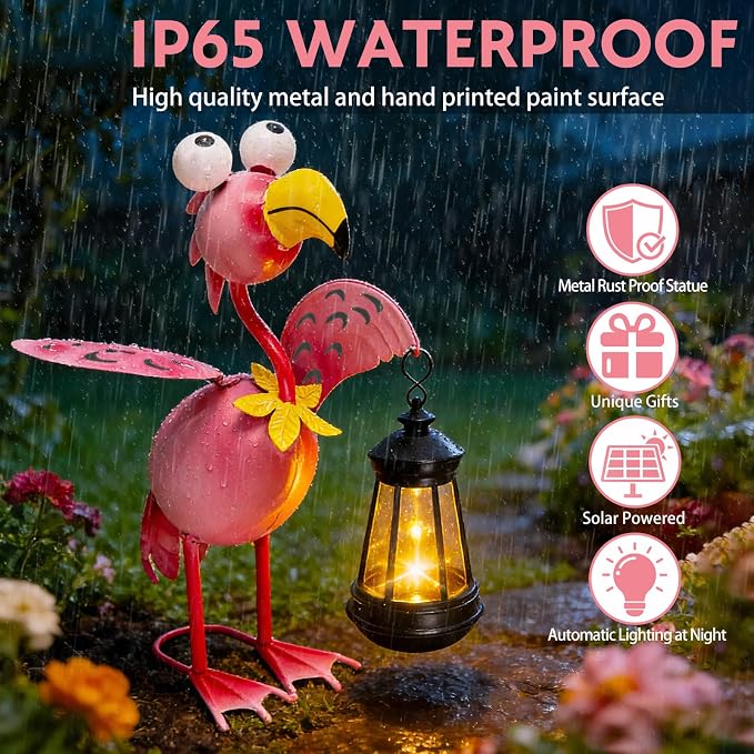 Solar Flamingo Statue with Lights, 13in Tall Solar Flamingo Garden Sculptures - Image 6