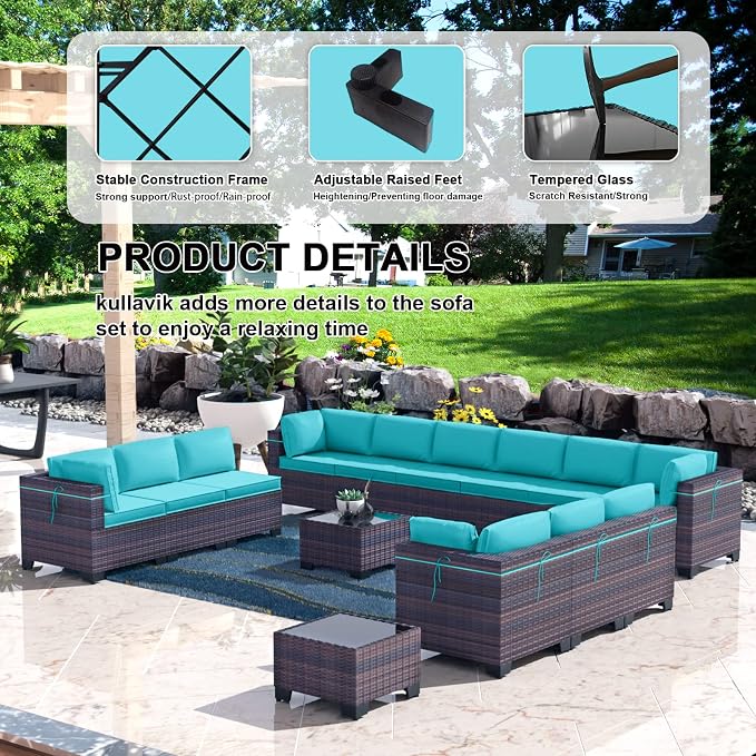 Kullavik 14 Pieces Outdoor Patio Furniture Set, Sectional Rattan Sofa Set Brown - Image 4