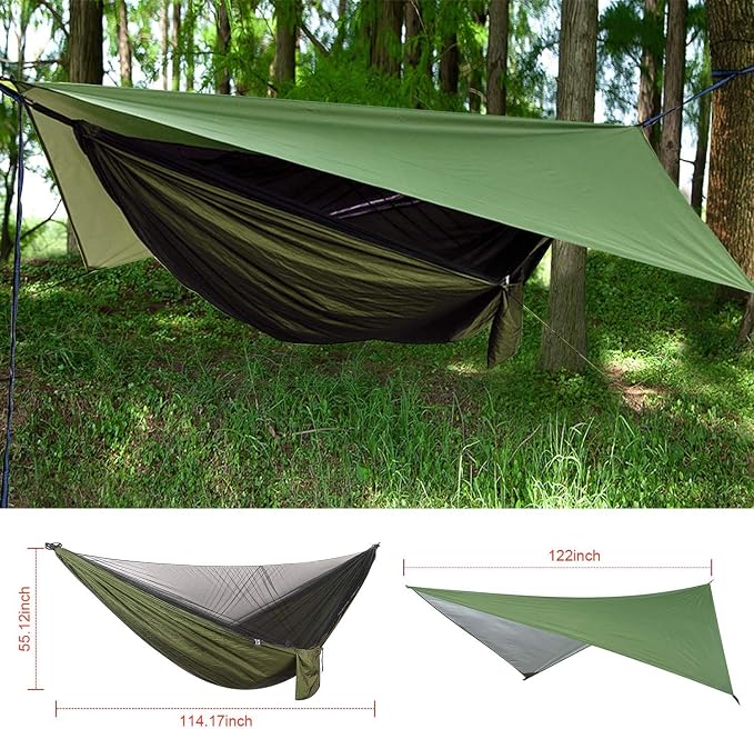 Camping Hammock with Rain Fly Tarp and Mosquito Net Tent Tree Straps, Portable - Image 6