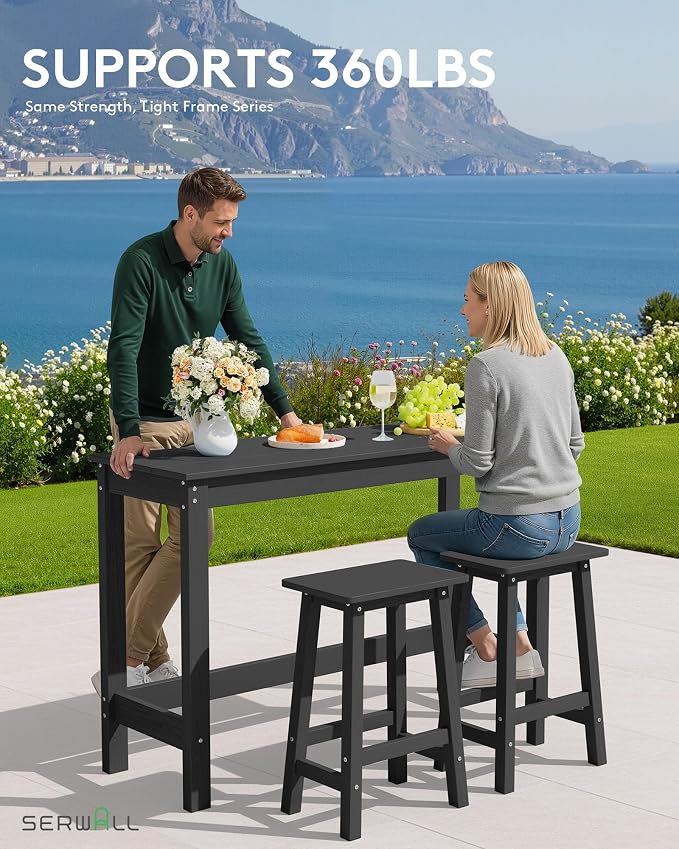 SERWALL 3-Piece Outdoor Bar Set, Rectangular All Weather HDPE Bar Height Patio - Image 2