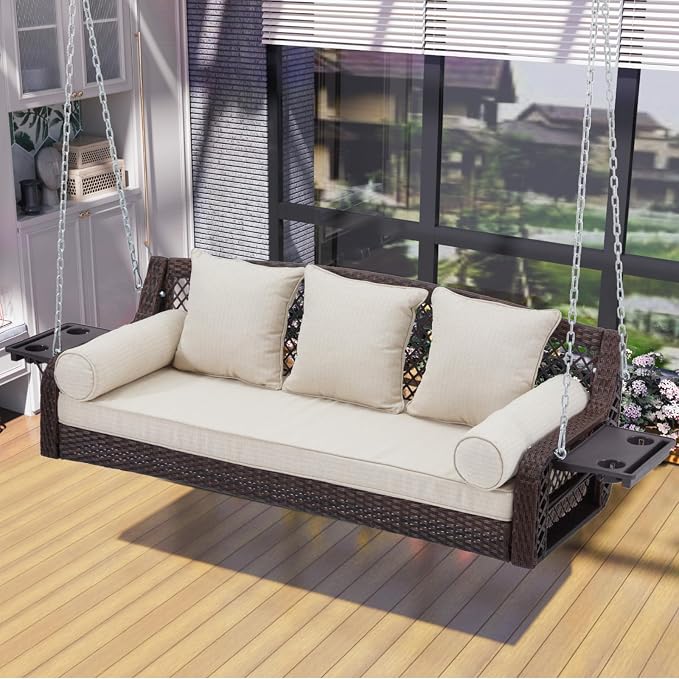 3 Seat Porch Swing, Wicker Patio Swing - Image 7