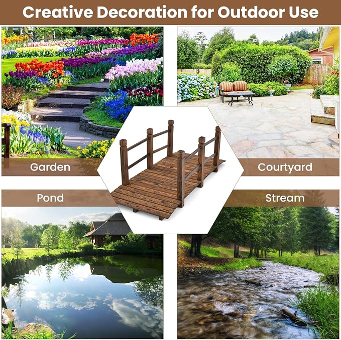 HAPPYGRILL 5FT Wooden Garden Bridge, Decorative Pond Landscaping Bridge - Image 5