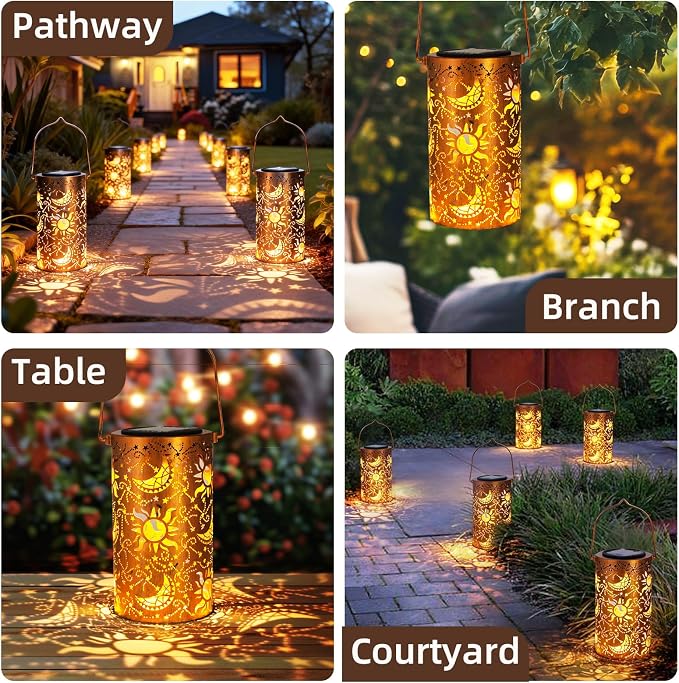Solar Lanterns Outdoor Hanging Lantern Lights, Sun Moon Metal Decor - Image 6