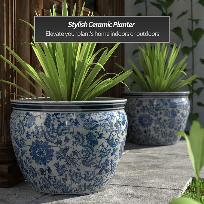 Red Lantern Large 22" Porcelain Fishbowl Blue & White Floral Planter - Image 2