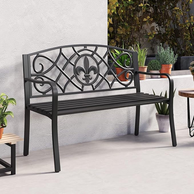 Tangkula Metal Outdoor Garden Park Bench, 50.5 Inch Metal Slatted Loveseat - Image 2