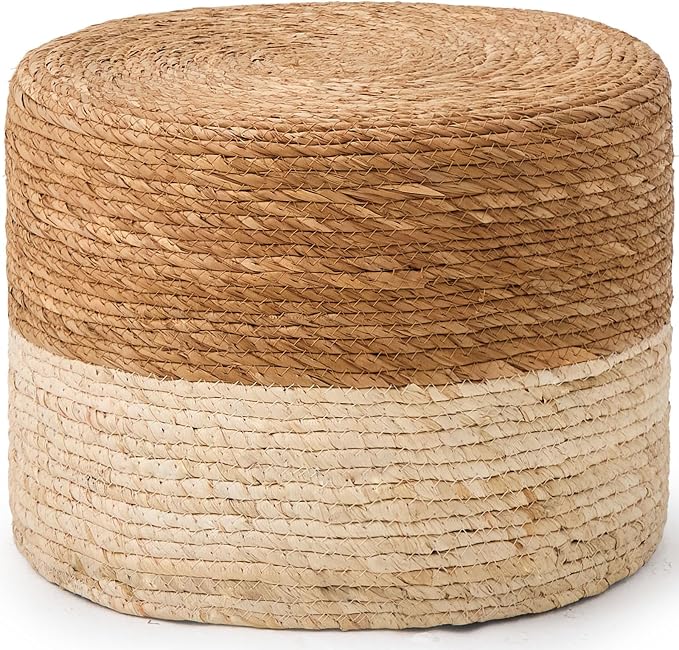 Wimarsbon Round Pouf Ottoman, Natural Hand Knitted Footrest Poof, Rustic Lounge by Wimarsbon