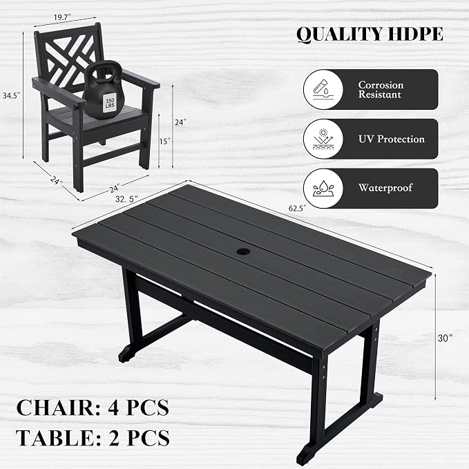 HDPE Outdoor Dining Set, 6-Piece Outdoor Table and Chairs Include 4 Dining - Image 2