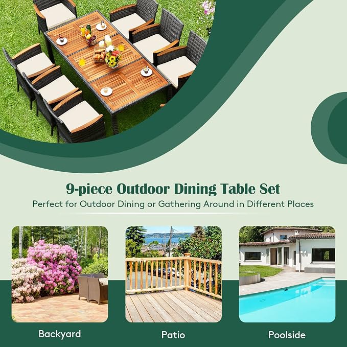 Tangkula 9 Pieces Patio Dining Set, Garden Acacia Wood and Wicker Furniture Set - Image 7