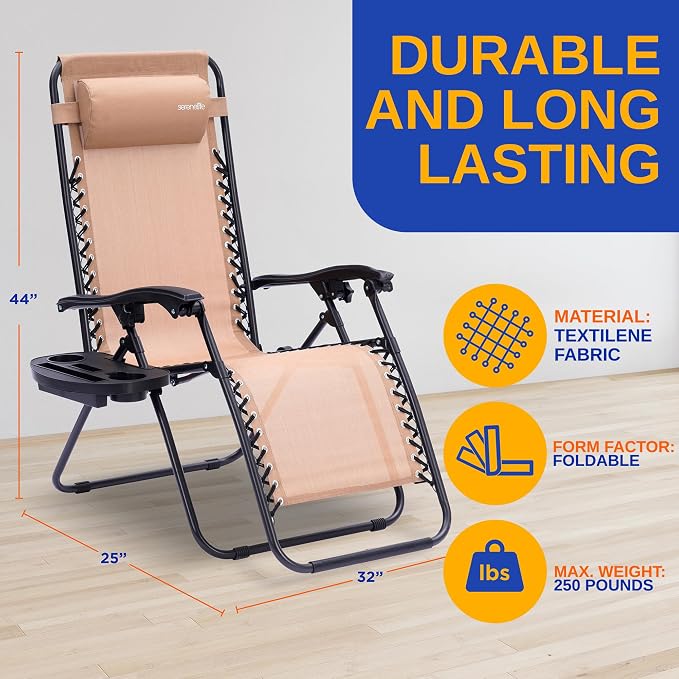 SereneLife Zero Gravity Outdoor Lounge Chairs 2 Pack – Folding Recliners - Image 3