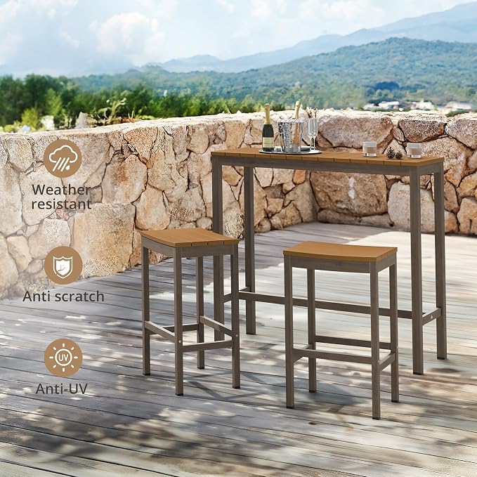 Outdoor Bar Height Table and Chairs Set, 3 Piece Patio Pub Bar Set - Image 8