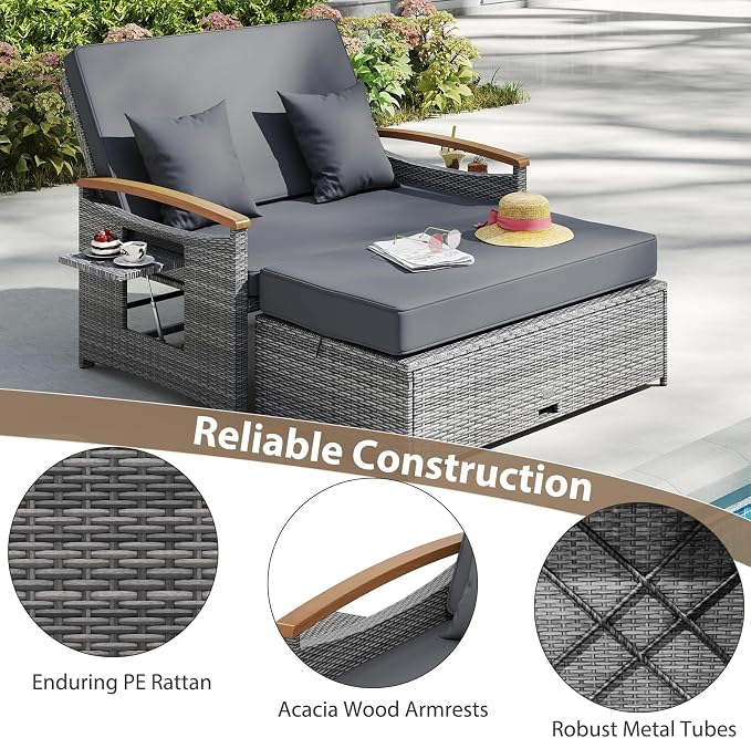 LDAILY Moccha Outdoor Wicker Daybed, Patio Rattan Loveseat Sofa w/ 4-Level - Image 5