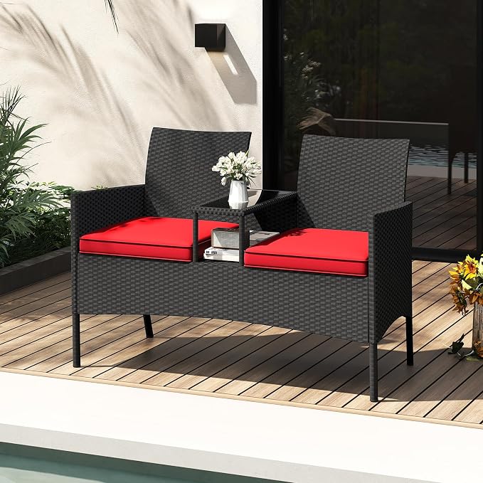 Tangkula Patio Loveseat with Built-in Table, Wicker 2-Seat Furniture with Soft - Image 3
