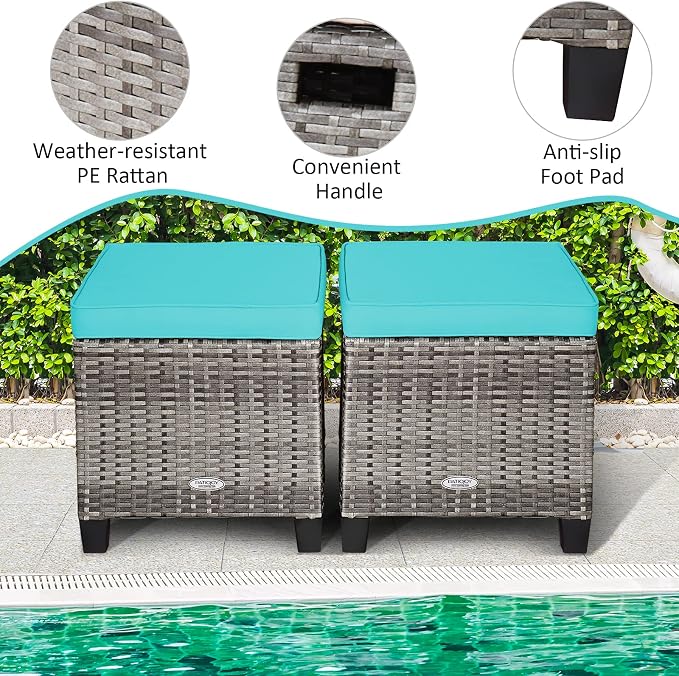 LDAILY Moccha 2 Pieces Patio Outdoor Ottoman, All Weather Rattan Patio Ottoman - Image 8