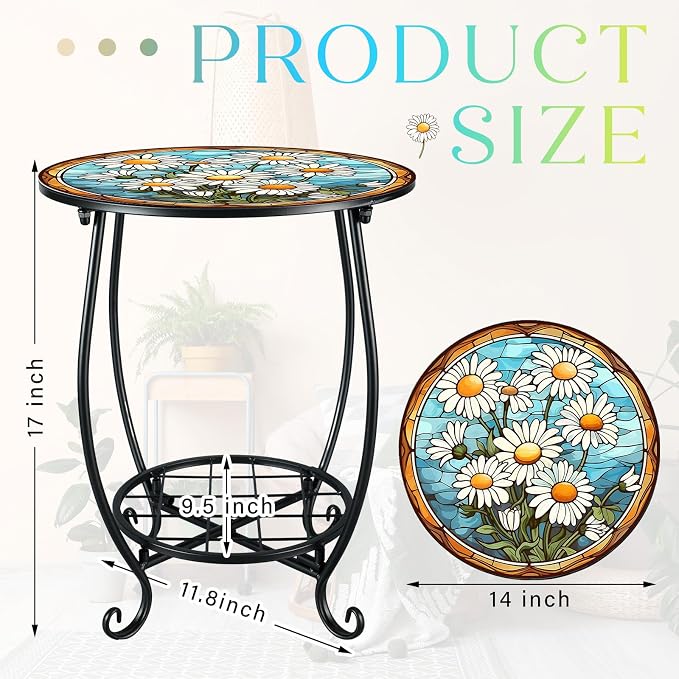 Outdoor Side Table Round Small Mosaic Patio Accent Indoor End Plant Coffee Tea - Image 3