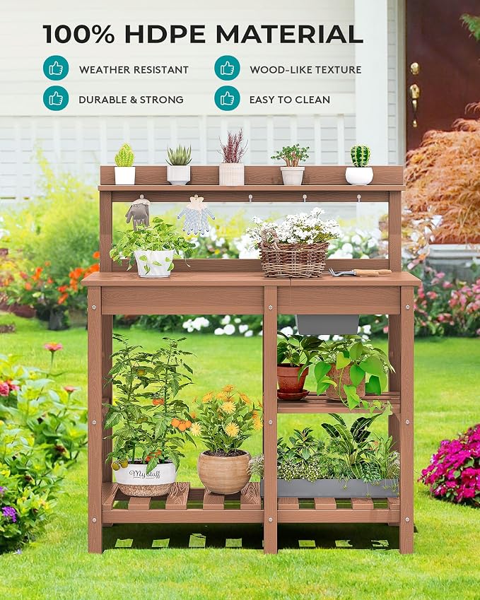 SERWALL Outdoor Potting Bench 2-Piece Set, Rot-Resistant HDPE Potting Table - Image 6