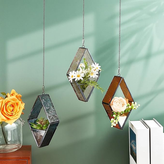 Yaomiao 3 Pcs Stained Glass Hanging Plant Terrariums Hanging Glass Planter - Image 4