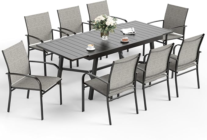 9 Piece Patio Dining Set for 8, Rectangular Extendable Dining Table, 8 Metal by SUNSHINEVALLEY