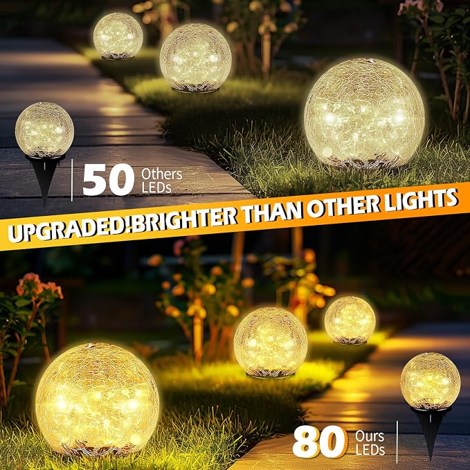 Coroor Garden Solar Ball Lights Outdoor Waterproof, 80 LED Cracked Glass Globe - Image 2