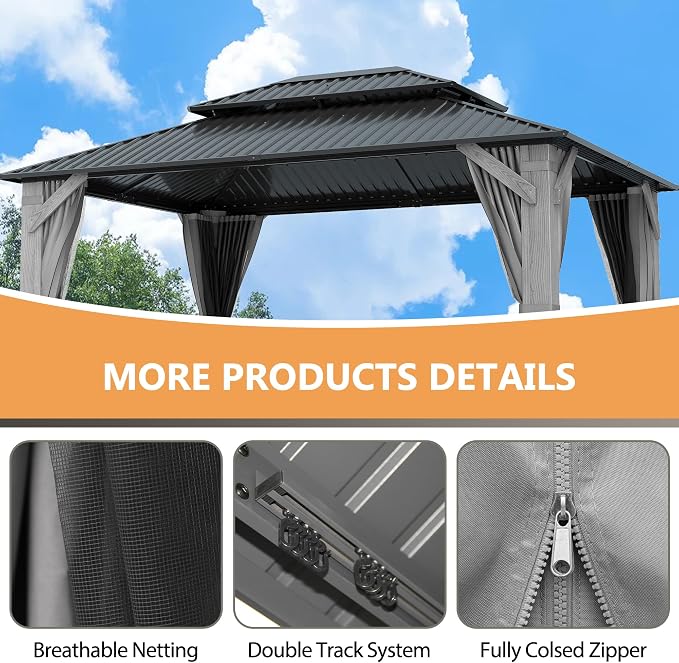 12'x16' Hardtop Wood Gazebo, Outdoor Double Roof Galvanized Steel Top Gazebo - Image 5