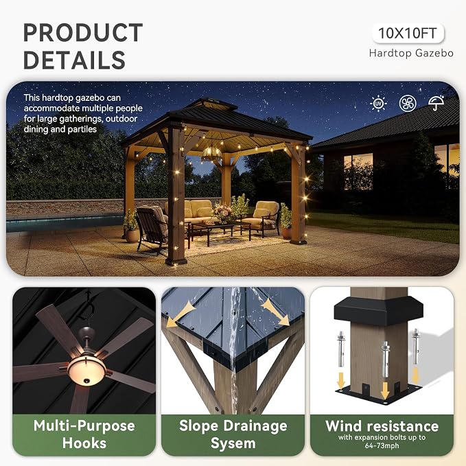Aoxun 10' x 10' Outdoor Wood Gazebo, Hardtop Gazebo Permanent Wooden Pavilion - Image 3