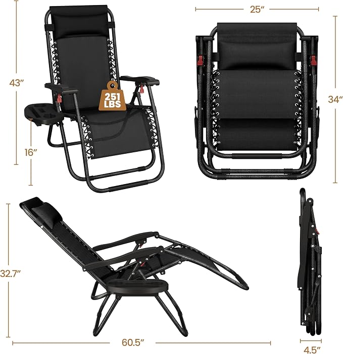 Yaheetech 26" Zero Gravity Recliners Outdoor Adjustable Folding Reclining - Image 3