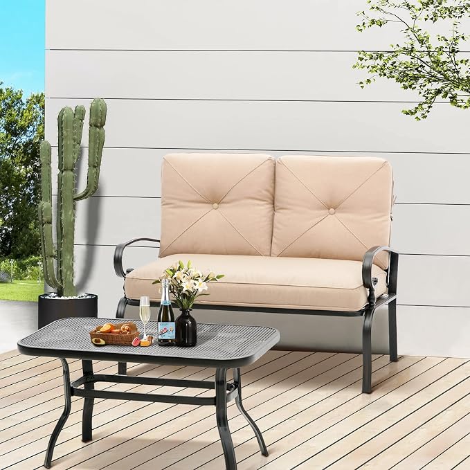 Oakcloud Outdoor 2 Pcs Patio Loveseat Bench Metal Frame Furniture Set - Image 7