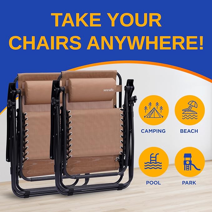 SereneLife Zero Gravity Outdoor Lounge Chairs 2 Pack – Folding Recliners - Image 6