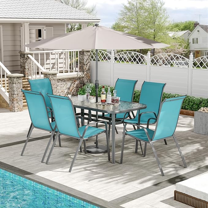 TLSUNNY 7 Pieces Patio Dining Set, Outdoor Table and Chairs W/1.69″ Umbrella by TLSUNNY