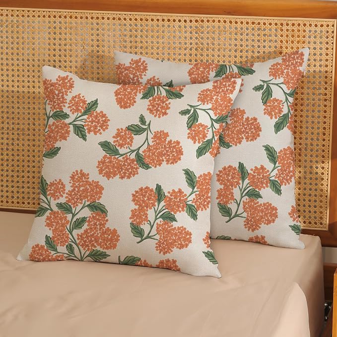 Fall Burnt Orange Pillow Covers 20x20 Inch 2 Pcs Green Hydrangea Flower Decor - Image 2