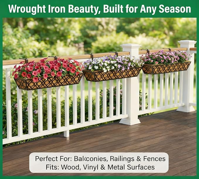 Y&M 30 Inch Window Deck with Coco Liner, Fence Metal Hanging Flower Planter - Image 8