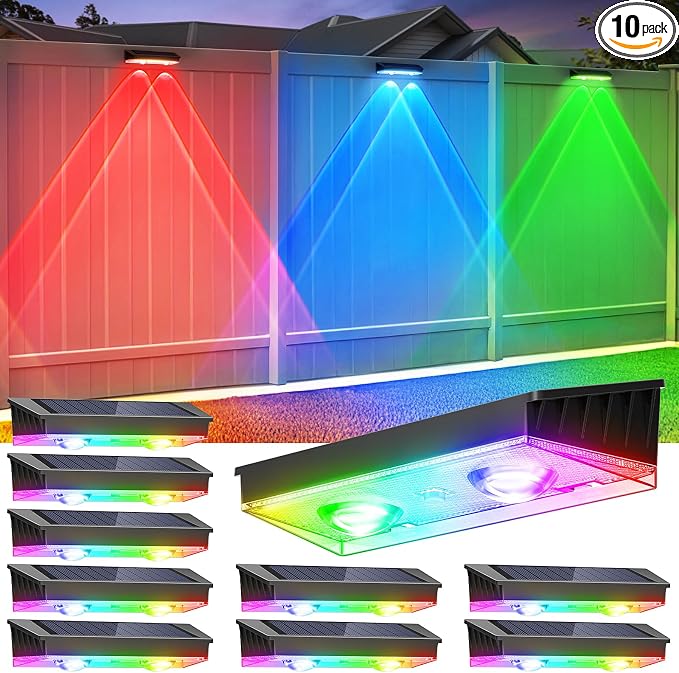 Solar Fence Lights Outdoor, 10 Pack Warm White/RGB Fence Solar Lights by Etetale