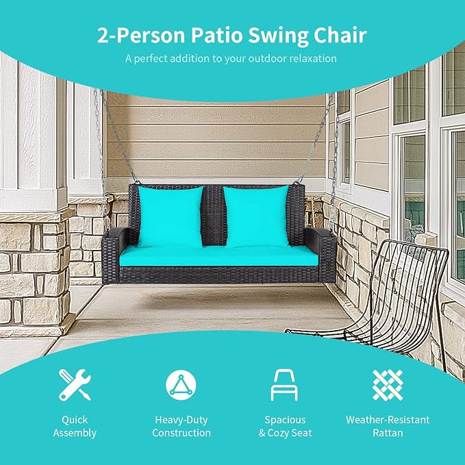 RELAX4LIFE Porch Swing 2-Seat Patio Rattan, Wicker Porch Swings Outdoor W/Two - Image 5