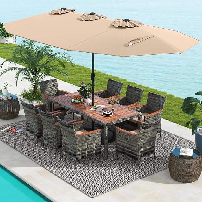 Tangkula 10 Pieces Patio Wicker Dining Set w/Double-Sided Patio Umbrella - Image 8