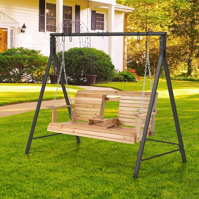 Tangkula Porch Swing with Stand, Wood Hanging Patio Swing with 2 Cupholder & - Image 6