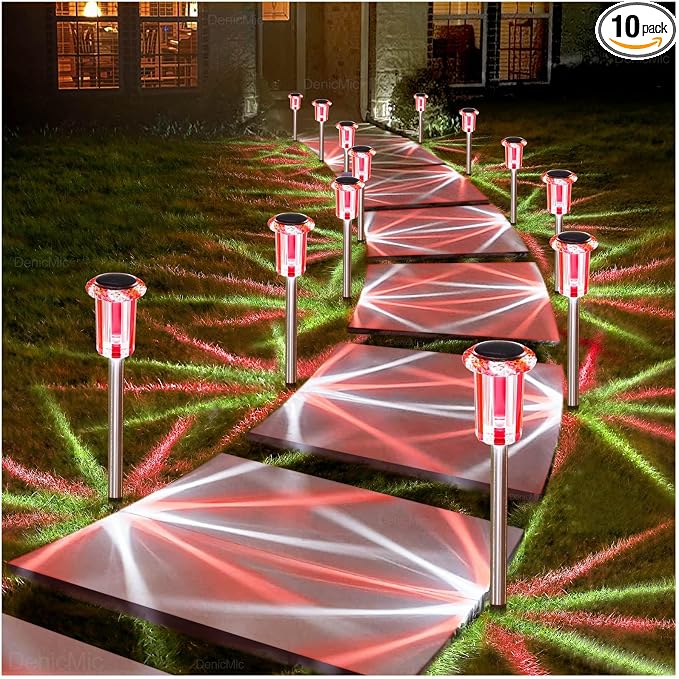 DenicMic Solar Lights Outdoor 10 Pack Waterproof Red White LED Stainless Steel by Denicmic
