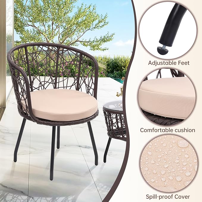 Kromax 3 Piece Bistro Set, Modern Outdoor Wicker Patio Furniture - Image 5