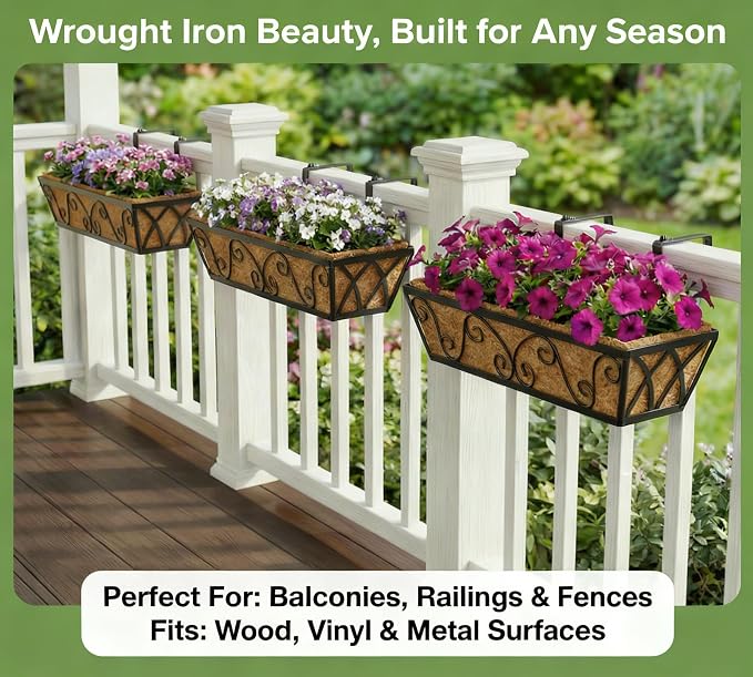 Y&M 24 Inch Window Deck with Coco Liner, Fence Metal Hanging Flower Planter - Image 8