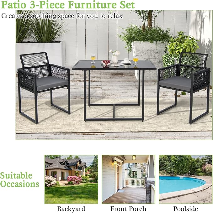 Tangkula 3 Pieces Outdoor Dining Set, Patio PE Rattan Furniture Set - Image 9