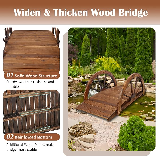 5 FT & 3.3 FT Wooden Garden Bridge, Stained Wood Arc Footbridge - Image 4