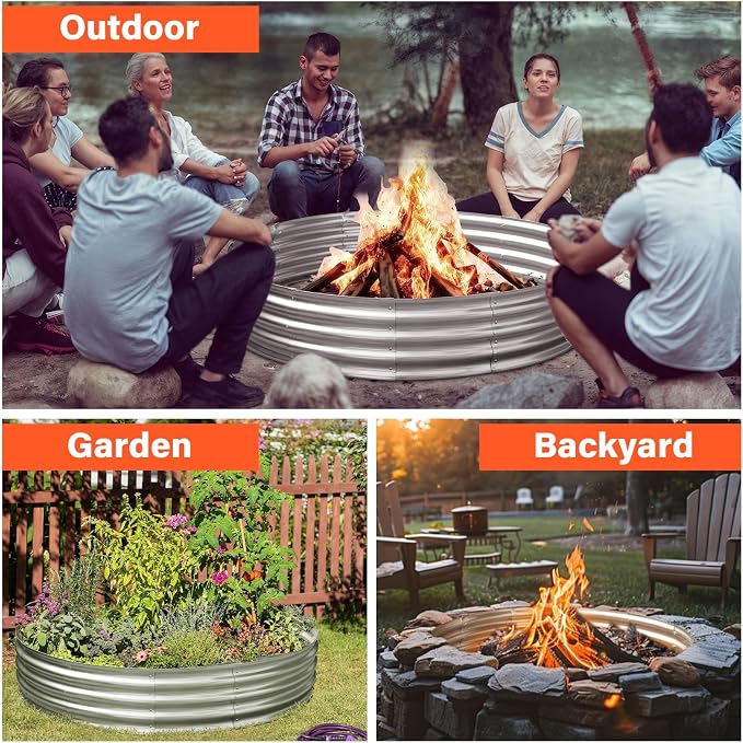 60 Inch Galvanized Steel Fire Pit Ring, 12 Inch Raised Heavy Duty Wood Burning - Image 4