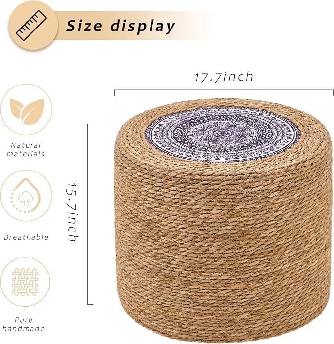 Handwoven Ottoman Pouf, Natural Seagrass Footstool, Round Braided Outdoor Seat - Image 3